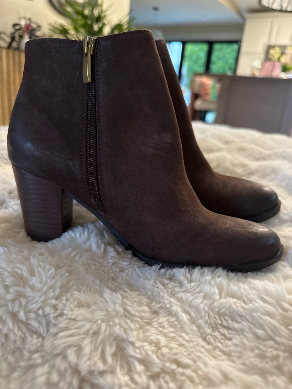Franco Sarto Dark Brown Suede Ankle Booties with Block Heel